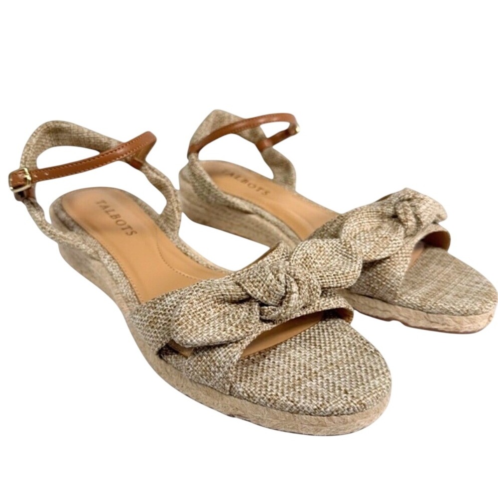 Talbots Womens 7.5M Beige Textile Knotted Bow Espadrille Wedge Sandals Brown